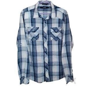 Carbon Mens Button Shirt Large Long Sleeve Pocket Blue Plaid Pockets Western